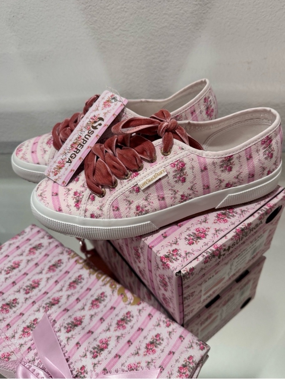 LoveShackFancy Pink Floral Ribbon-Lace Canvas Sneaker~Superga collab - Picture 6 of 6